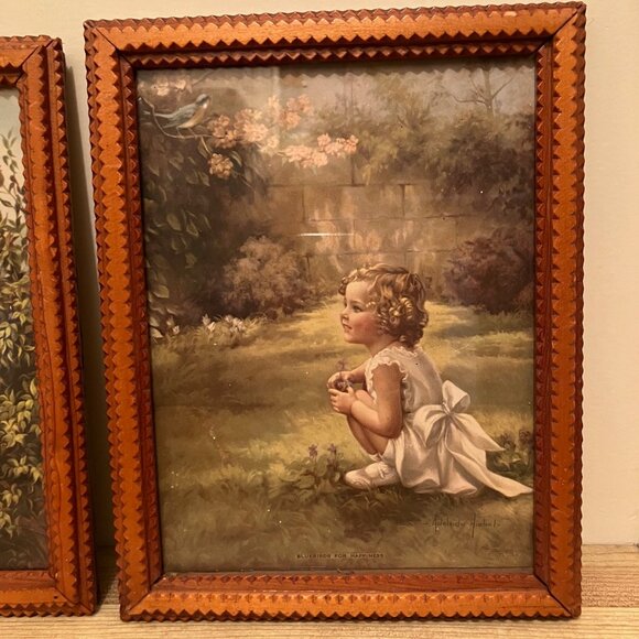 Tramp Art Works Antique Carved Wood Chip Frame 1930s Adelaide Hiebel Bluebird - Picture 4 of 10